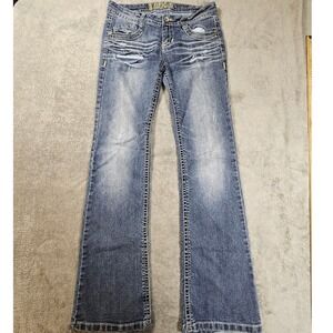 Truce Womens Bootcut Jeans Medium Wash Distressed Embroidered Low Rise Blue